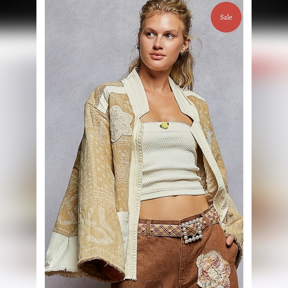 POL NWT Ponderosa Jacket Quilted  Tan and Cream  Embroidered Patchwork Jacket - Picture 2 of 9